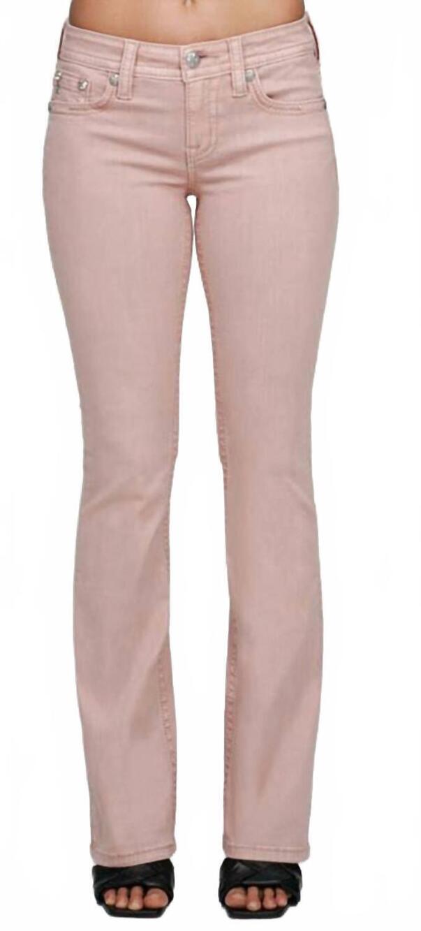 NEW MISS ME women's mid-rise boot cut jeans in dusty pink